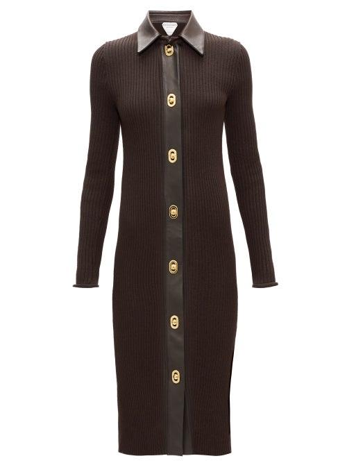 Matchesfashion.com Bottega Veneta - Ribbed-knit Shirt Dress - Womens - Brown