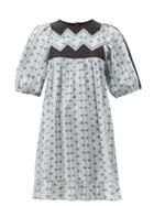 Matchesfashion.com Batsheva - Zigzag Striped Floral-print Cotton Dress - Womens - Light Blue