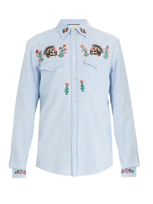 Matchesfashion.com Gucci - Point Collar Floral Embroidered Denim Shirt - Mens - Blue