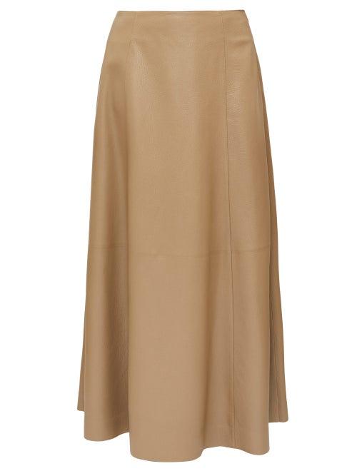 Matchesfashion.com The Row - Timowa Grained-leather Midi Skirt - Womens - Camel