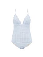 Matchesfashion.com Marysia - Santa Clara Gingham Scallop Edged Swimsuit - Womens - Light Blue