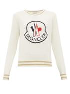 Matchesfashion.com Moncler - Logo Embroidered Wool Blend Sweater - Womens - White Multi