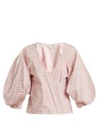 Caroline Constas Josie Gingham-print Puff-sleeved Cotton Top