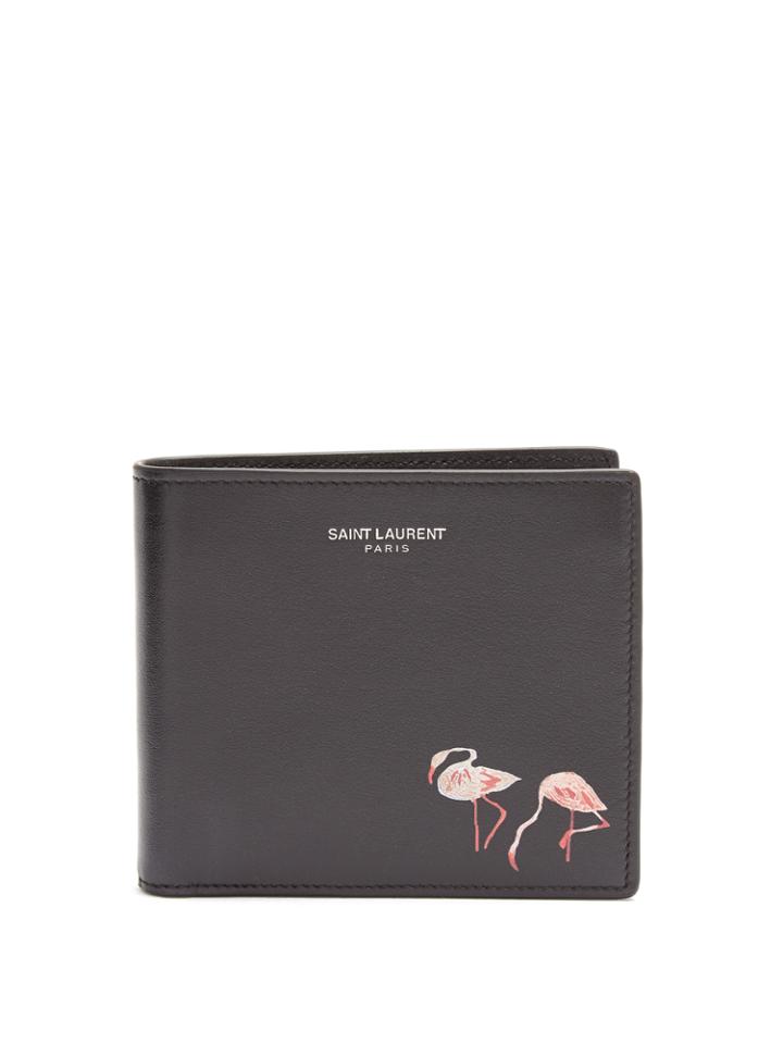 Saint Laurent Flamingo-print Bi-fold Leather Wallet
