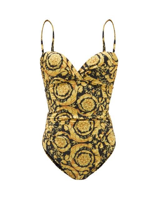 Ladies Beachwear Versace - Baroque-print Sweetheart-neckline Swimsuit - Womens - Yellow Multi