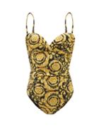 Ladies Beachwear Versace - Baroque-print Sweetheart-neckline Swimsuit - Womens - Yellow Multi