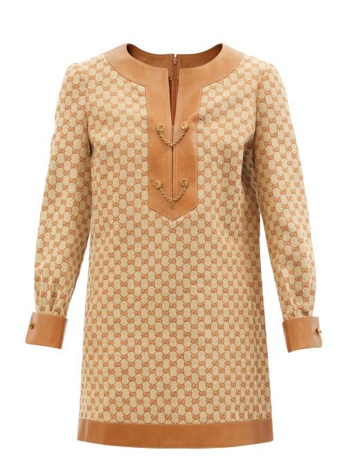 Ladies Rtw Gucci - Leather-trimmed Gg-jacquard Linen-blend Dress - Womens - Beige
