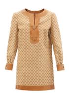 Ladies Rtw Gucci - Leather-trimmed Gg-jacquard Linen-blend Dress - Womens - Beige