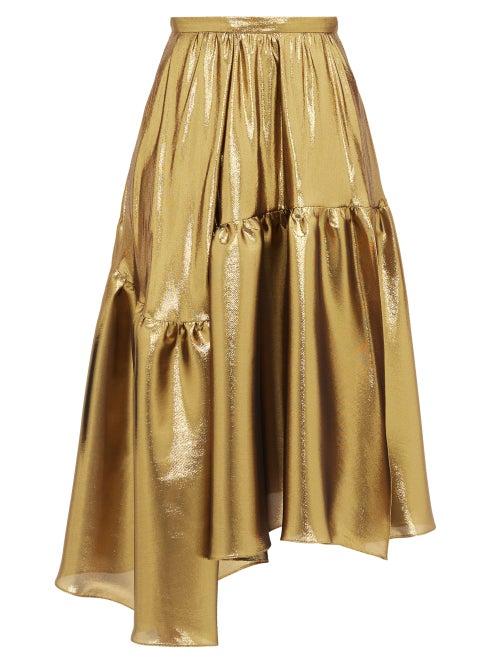 Matchesfashion.com Rochas - Asymmetric Tiered Lam Midi Skirt - Womens - Gold