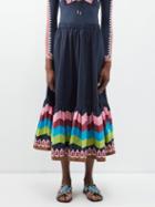 La Doublej - Sunset-print Cotton-poplin Midi Skirt - Womens - Navy Multi