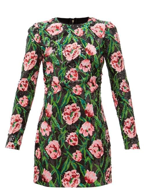 Dolce & Gabbana - Floral-print Sequinned Mini Dress - Womens - Black Pink