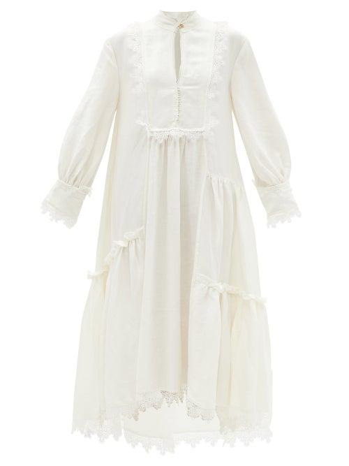 Ladies Rtw Aje - Veil Tiered Lace-trimmed Linen-blend Dress - Womens - Ivory