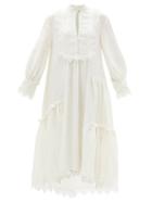 Ladies Rtw Aje - Veil Tiered Lace-trimmed Linen-blend Dress - Womens - Ivory
