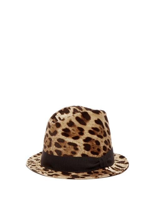 Matchesfashion.com Dolce & Gabbana - Leopard Print Cotton Blend Fedora Hat - Womens - Brown