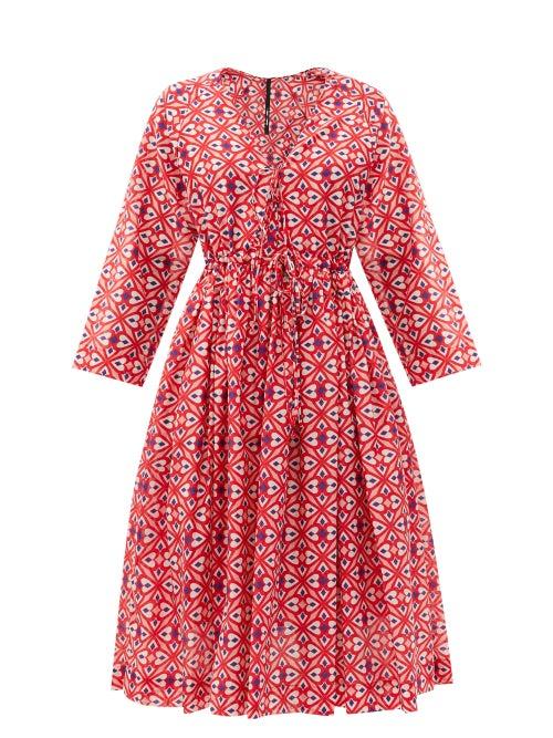 Matchesfashion.com Sara Lanzi - V-neck Geometric-print Cotton-blend Dress - Womens - Red Print