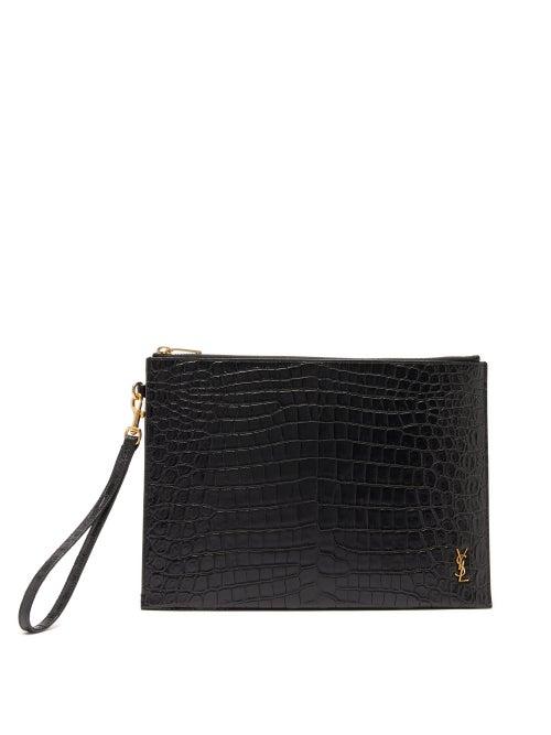 Saint Laurent - Ysl-plaque Crocodile-effect Leather Pouch - Mens - Black