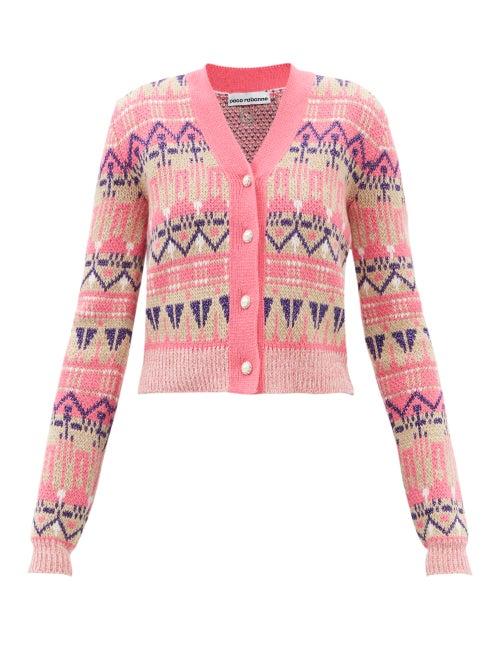 Paco Rabanne - V-neck Fair Isle Wool-blend Cardigan - Womens - Pink Multi