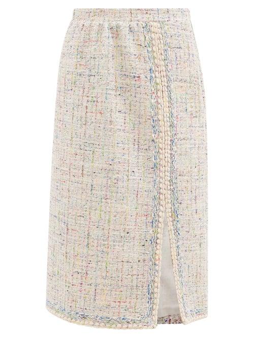 Matchesfashion.com Giambattista Valli - Lace-trimmed Cotton-blend Tweed Midi Skirt - Womens - Blue Multi