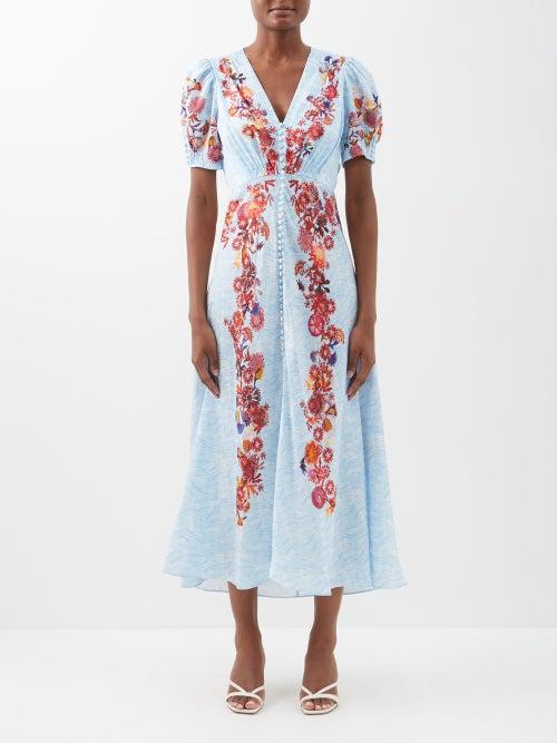 Saloni - Lea Floral-print Silk-satin Midi Dress - Womens - Blue Multi