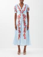 Saloni - Lea Floral-print Silk-satin Midi Dress - Womens - Blue Multi