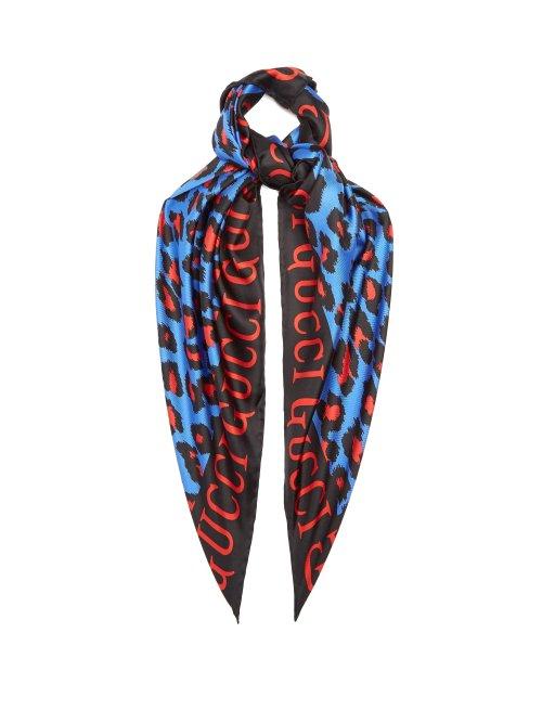 Matchesfashion.com Gucci - Leopard And Logo Print Silk Scarf - Womens - Blue