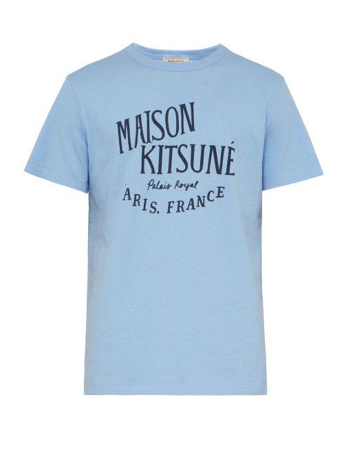 Matchesfashion.com Maison Kitsun - Logo Print Cotton Jersey T Shirt - Mens - Light Blue