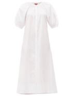 Matchesfashion.com Staud - Puffed Sleeve Cotton Blend Midi Shirtdress - Womens - White