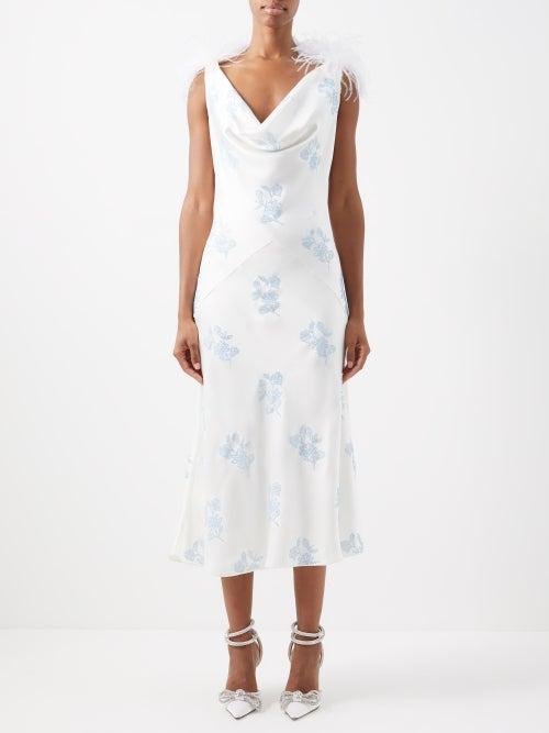 16arlington - Adwa Floral-crystal And Feather-trim Satin Dress - Womens - Blue White