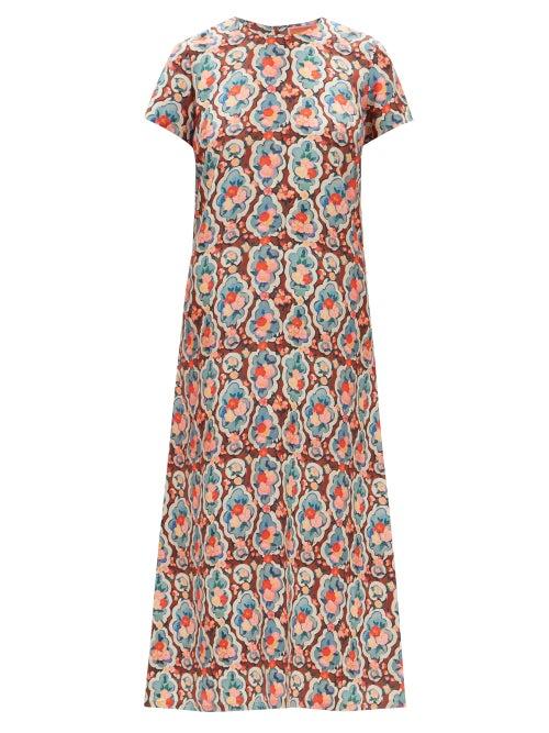 La Doublej - Matisse-print Cap-sleeve Silk Maxi Dress - Womens - Red Multi
