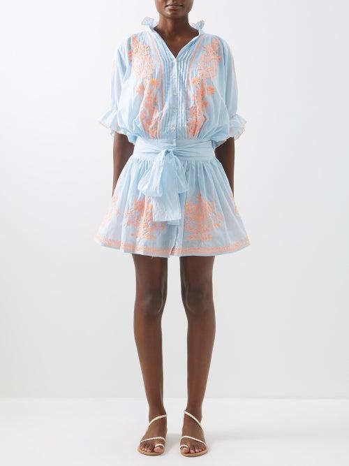 Juliet Dunn - Floral-embroidered Cotton Dress - Womens - Blue Orange