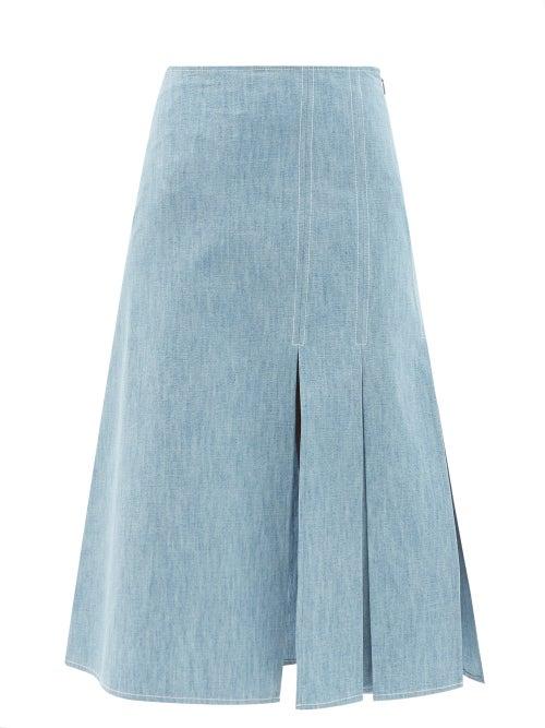 Ladies Rtw Fendi - Ff-embroidered Cotton-chambray Skirt - Womens - Light Denim