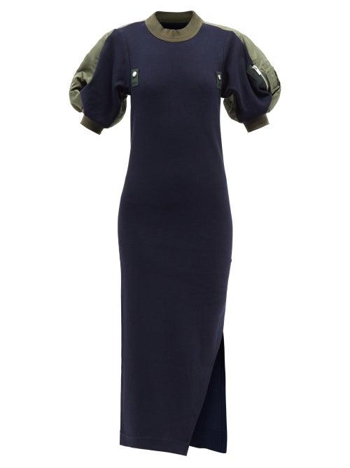 Sacai - Puff-sleeve Cotton-blend Jersey Dress - Womens - Navy