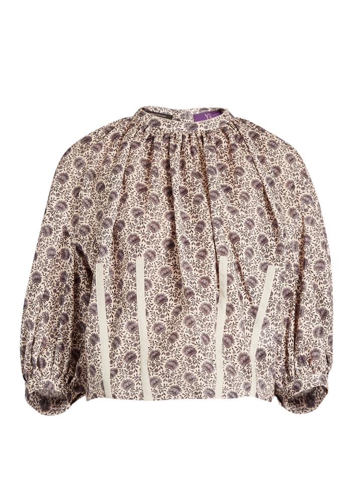 Y's By Yohji Yamamoto Flower-print Balloon-sleeve Cotton Top