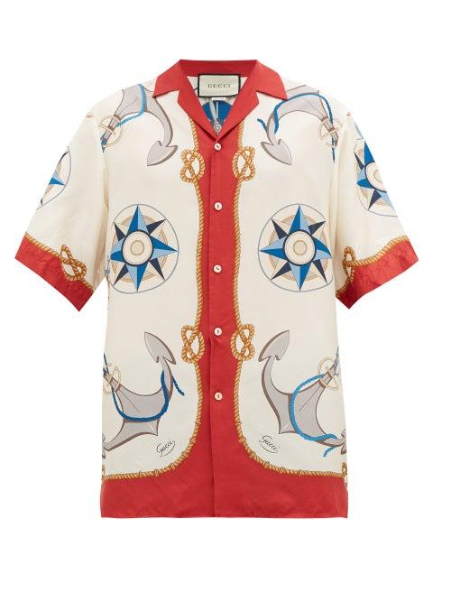 Matchesfashion.com Gucci - Compass And Anchor-print Silk-satin Shirt - Mens - White Multi
