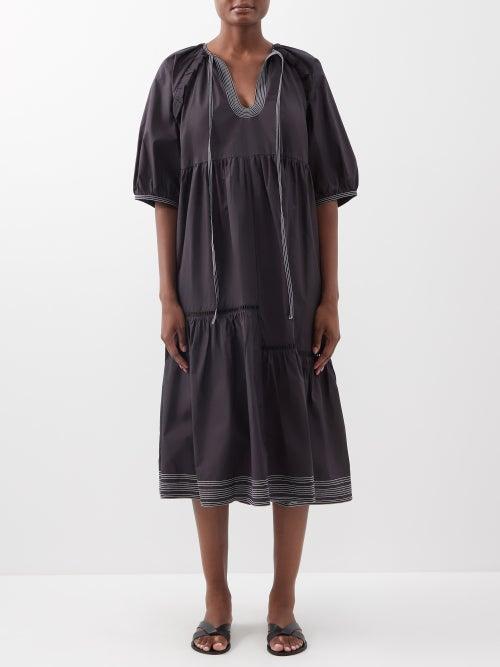 Wiggy Kit - Sapphire Banded Cotton-poplin Midi Dress - Womens - Black White