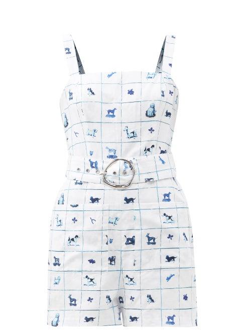 Matchesfashion.com Staud - Pomelo Good Luck Pup-print Linen-blend Playsuit - Womens - White Print