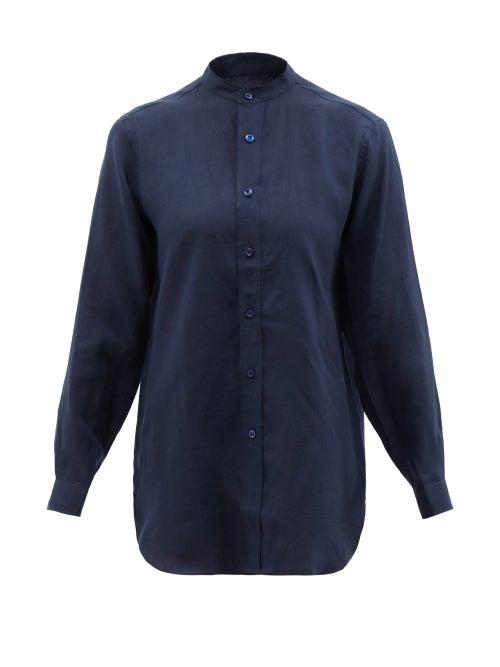 Charvet - Stand-collar Linen Shirt - Womens - Navy