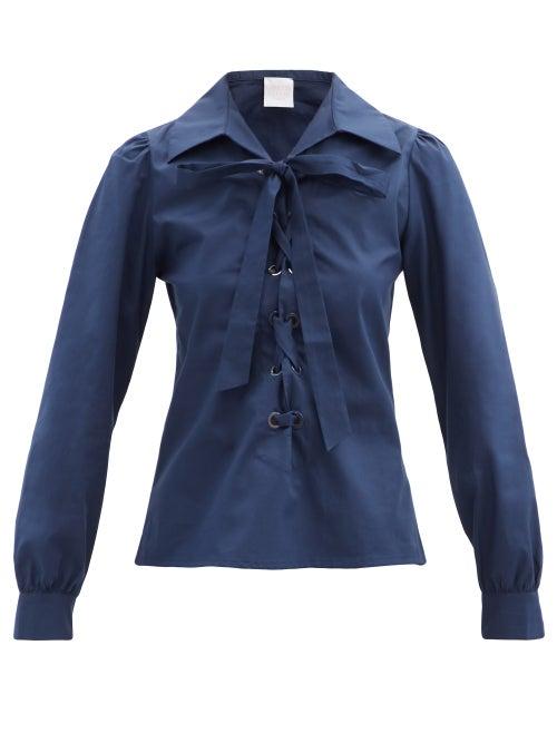 Matchesfashion.com Loretta Caponi - Tessa Lace-up Cotton-poplin Shirt - Womens - Navy