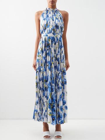 Raquel Diniz - Giorgia Floral-print Pleated Halterneck Silk Dress - Womens - Blue White
