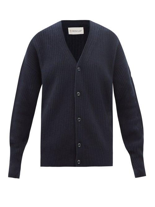 4 Moncler Hyke - Down-sleeve Fringed Wool Cardigan - Womens - Navy