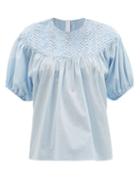 Matchesfashion.com Merlette - Paz Smocked Pima-cotton Blouse - Womens - Light Blue