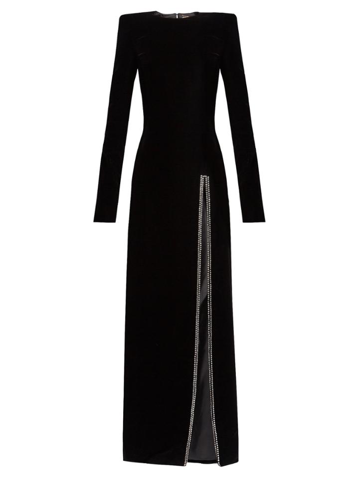 Saint Laurent Crystal-embellished Slit-front Velvet Gown