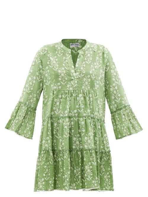 Juliet Dunn - V-neck Floral-print Cotton-voile Dress - Womens - Green Print