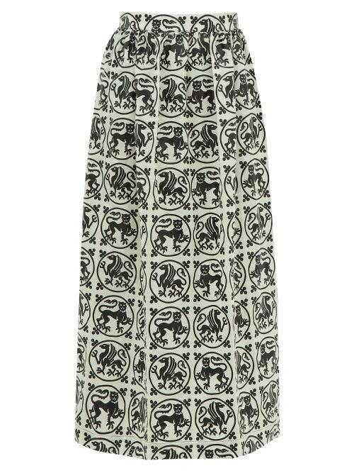 Matchesfashion.com Edward Crutchley - Griffin Roundel Print Merino Wool Twill Midi Skirt - Womens - White Black
