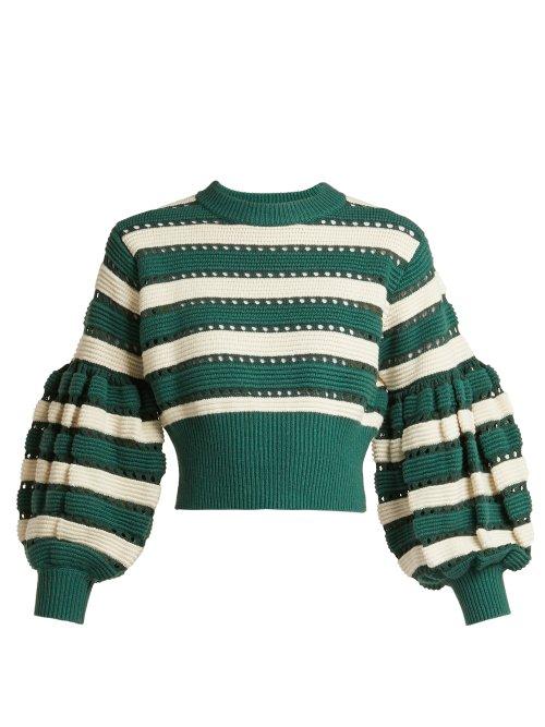 Matchesfashion.com Self-portrait - Balloon Sleeve Cropped Knit Sweater - Womens - Green White