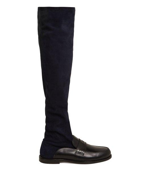 Matchesfashion.com Loewe - Penny Loafer Leather And Suede Knee High Boots - Womens - Black Navy
