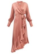 Zimmermann - Bishop-sleeve Silk Wrap Midi Dress - Womens - Pink