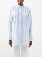 Valentino - Embroidered Ruffled Striped Cotton-poplin Blouse - Womens - Light Blue