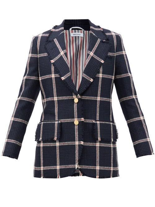 Matchesfashion.com Thom Browne - Single-breasted Fringed Checked Wool-tweed Jacket - Womens - Navy Multi