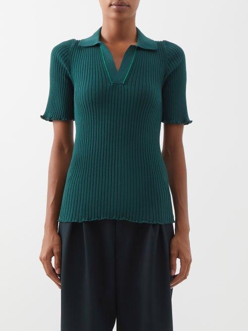 Bottega Veneta - Topstitched Ribbed Cotton-jersey Polo Shirt - Womens - Dark Green